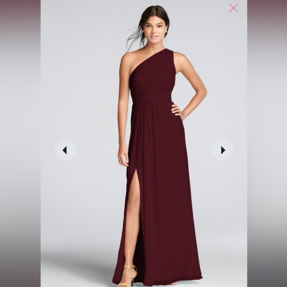 David’s Bridal long one-shoulder crinkle chiffon dress. Size 6. Color- Wine
